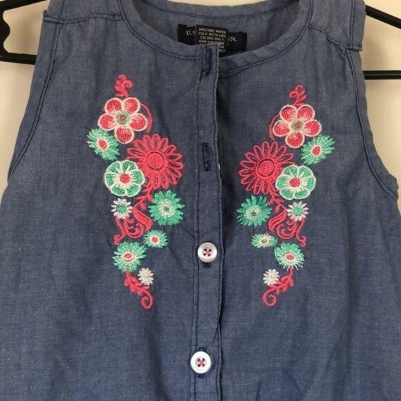 U.S. Polo Assn Girls 4T Sleeveless Dress Blue Floral Embroidery bubble hem - Picture 3 of 6